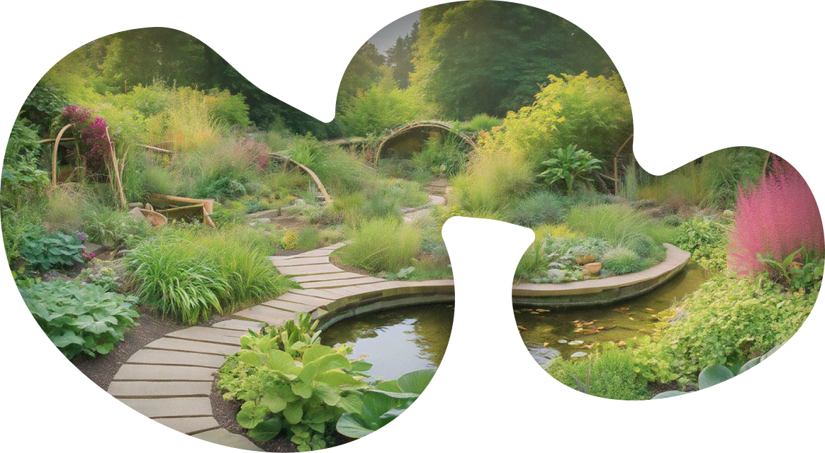 Connected bean-shaped forms filled with lush garden with stone walk way and small ponds.