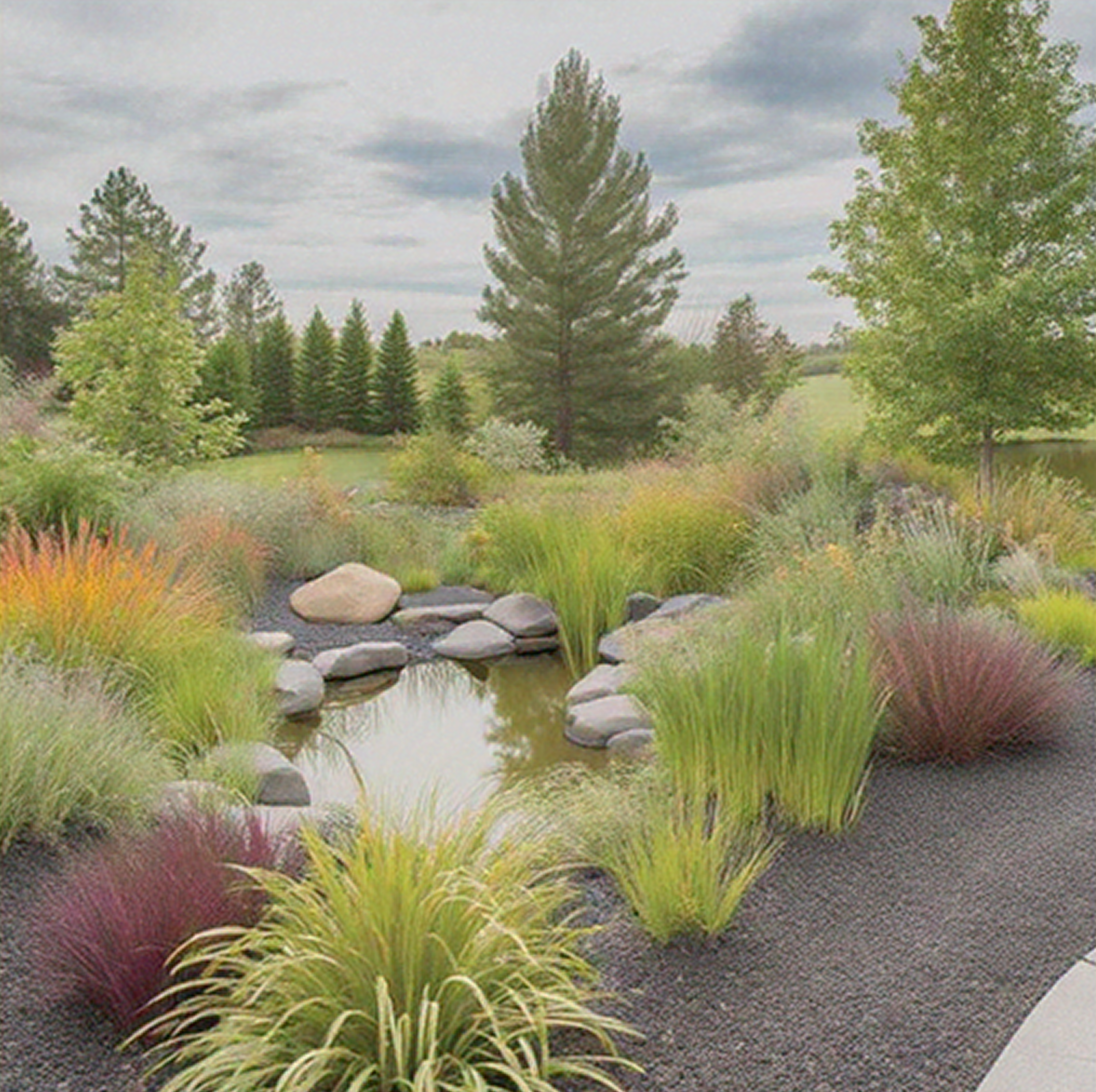 Small water body and greenery with trees in the distnce.