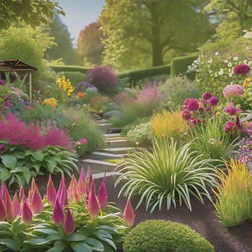 Lush garden plants with different varieties of flowers in red, white and yellow. And hedges and trees in the background.
